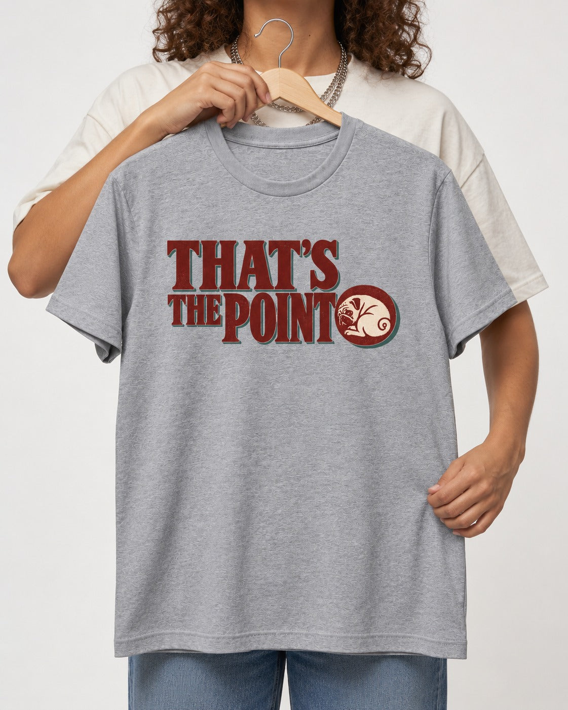 Pug's the Point T-Shirt in Sport Grey, held up on a hanger