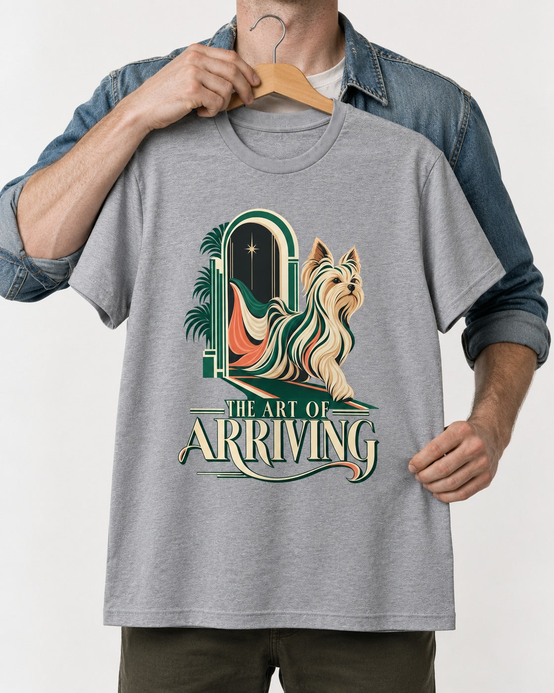Yorkshire Terrier Arriving T-Shirt in Sport Grey, held up on a hanger