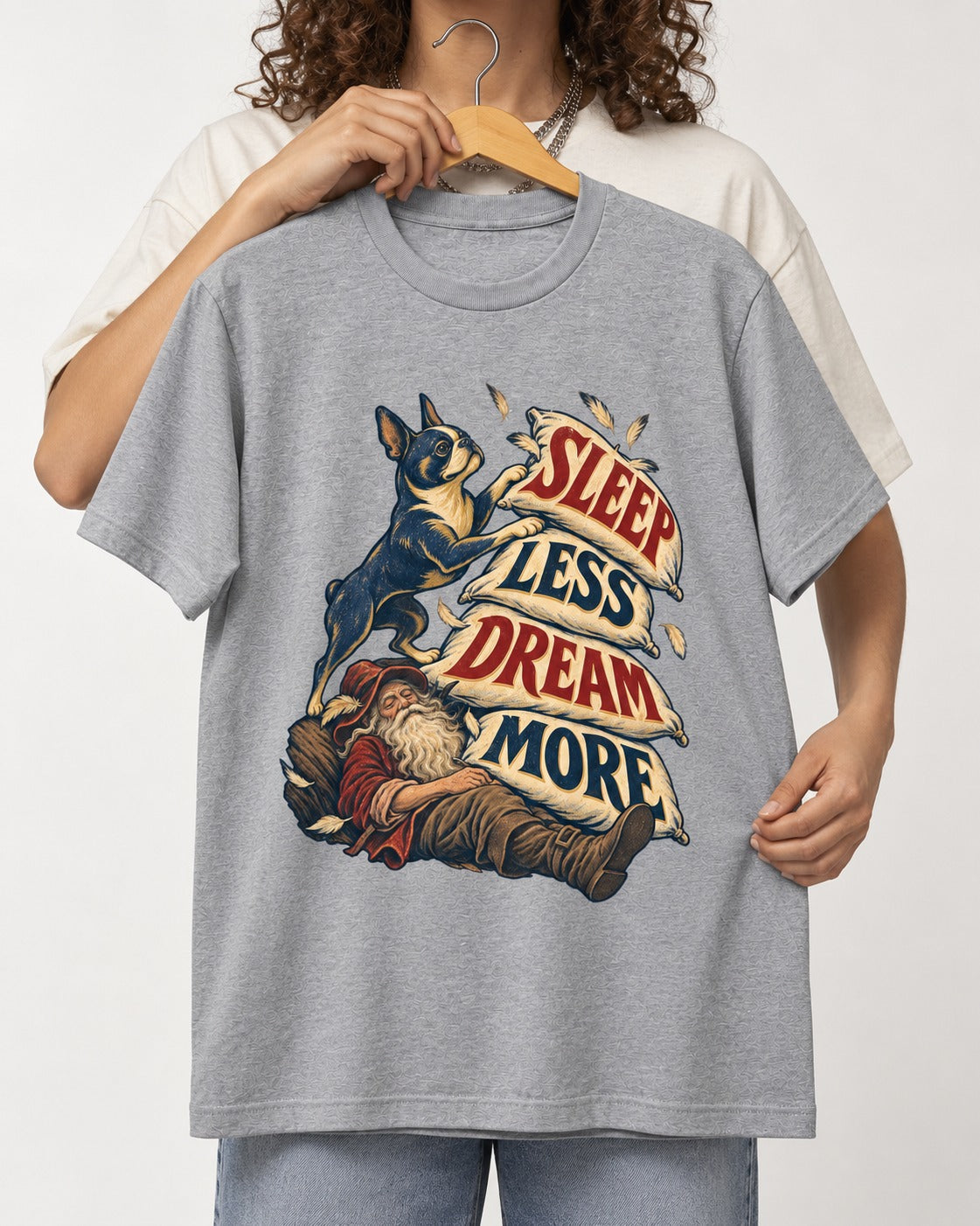 Boston Terrier Sleep Less Dream More T-Shirt in Sport Grey, held up on a hanger