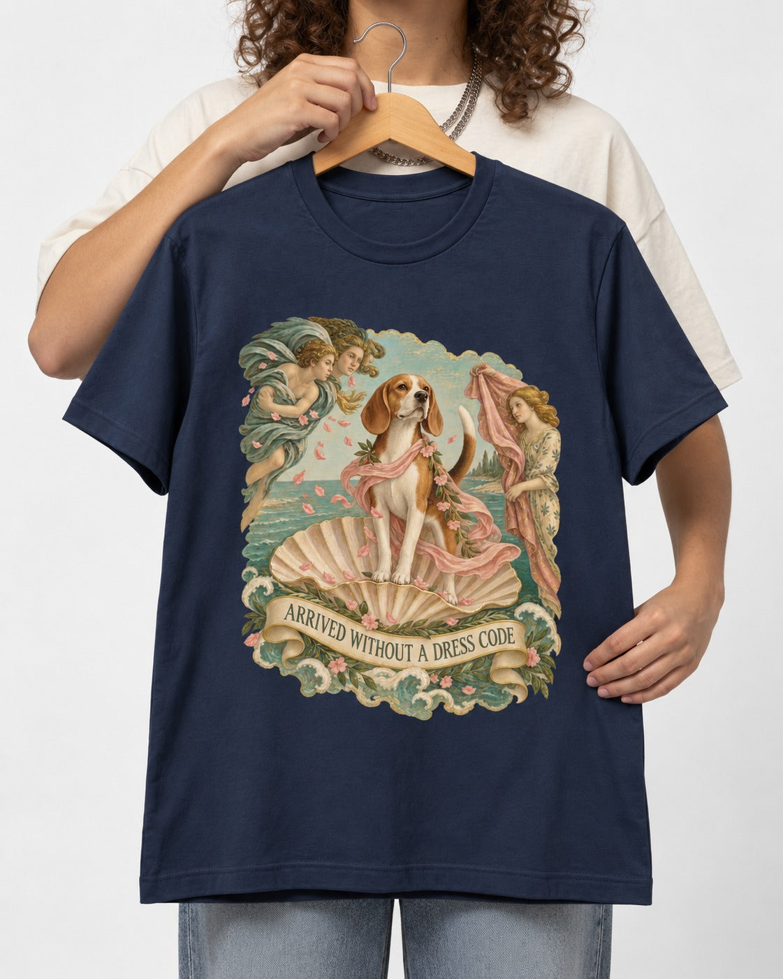 Beagle Arrived Without A Dress Code T-Shirt in Navy, held up on a hanger