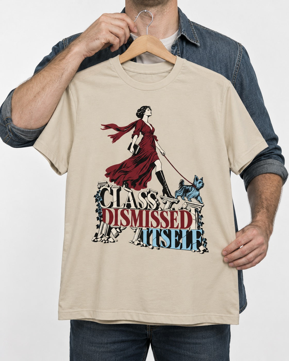 Class Dismissed Itself Yorkshire Terrier T-Shirt in Sand, held up on a hanger