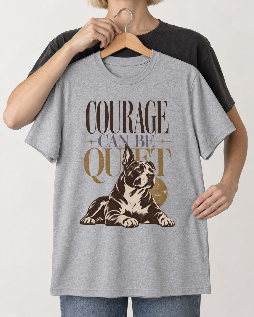 Pitbull Courage Can Be Quiet T-Shirt in Sport Grey, held up on a hanger