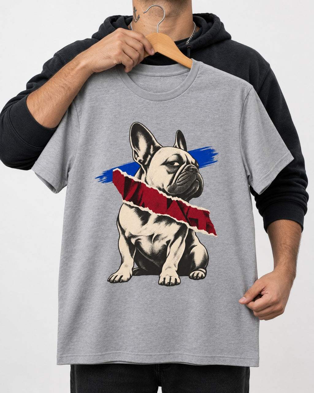 Frenchie Punk T-Shirt in Sport Grey, held up on a hanger