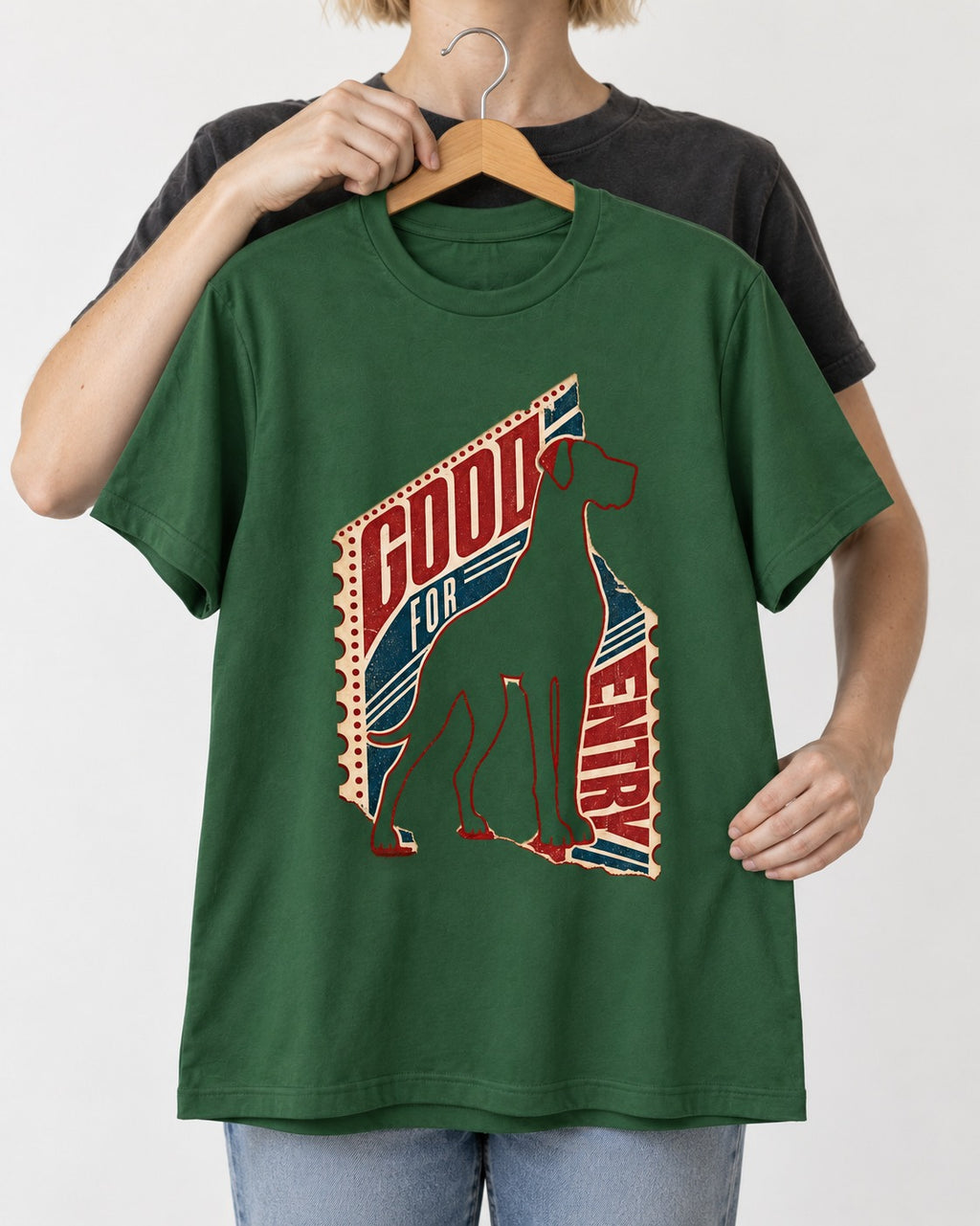 Great Dane Good for Nothing Ticket Cutout Graphic T-Shirt in Forest Green, held up on a hanger