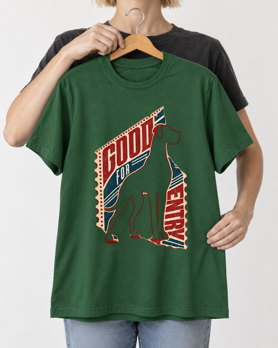 Great Dane Good for Nothing Ticket Cutout Graphic T-Shirt in Forest Green, held up on a hanger