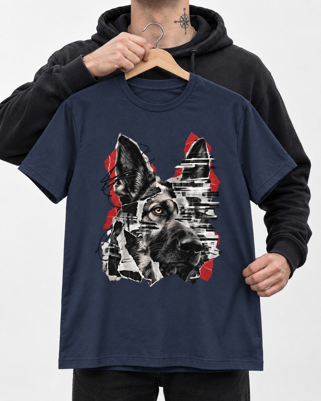 Black Signal Torn Collage German Shepherd Dog Portrait Graphic T-Shirt in Navy, held up on a hanger