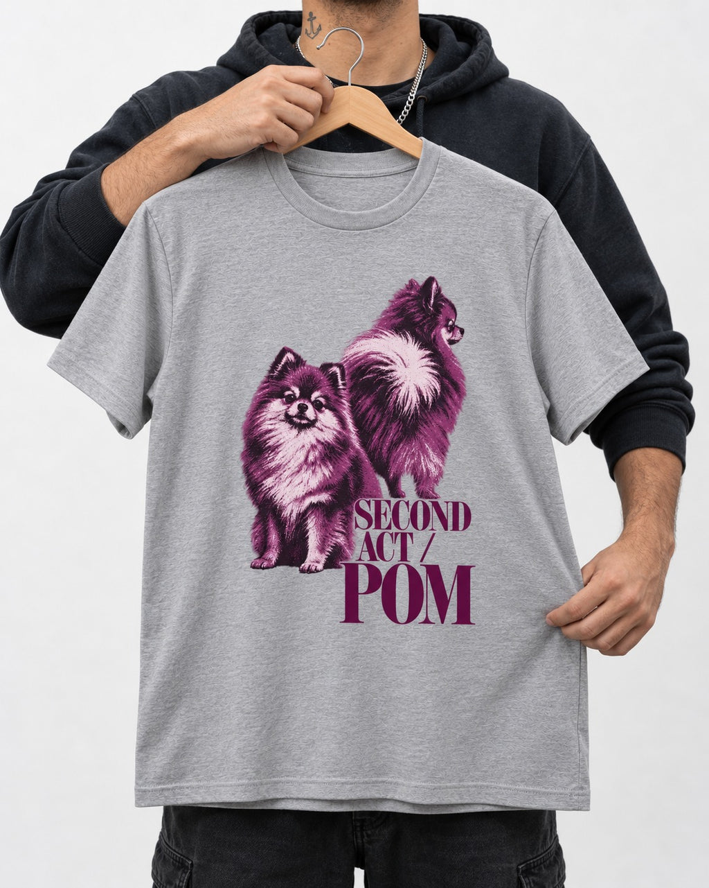 Second Act Pomeranian T-Shirt in Sport Grey, held up on a hanger