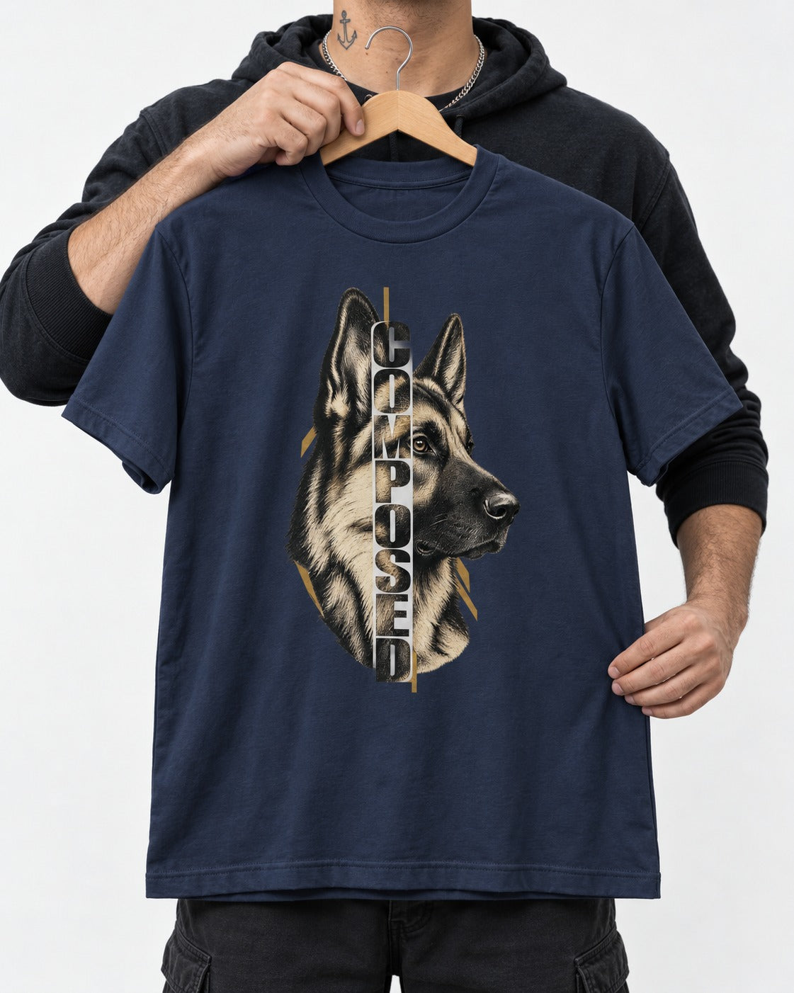 Composed Profile German Shepherd Dog Graphic T-Shirt in Navy, held up on a hanger