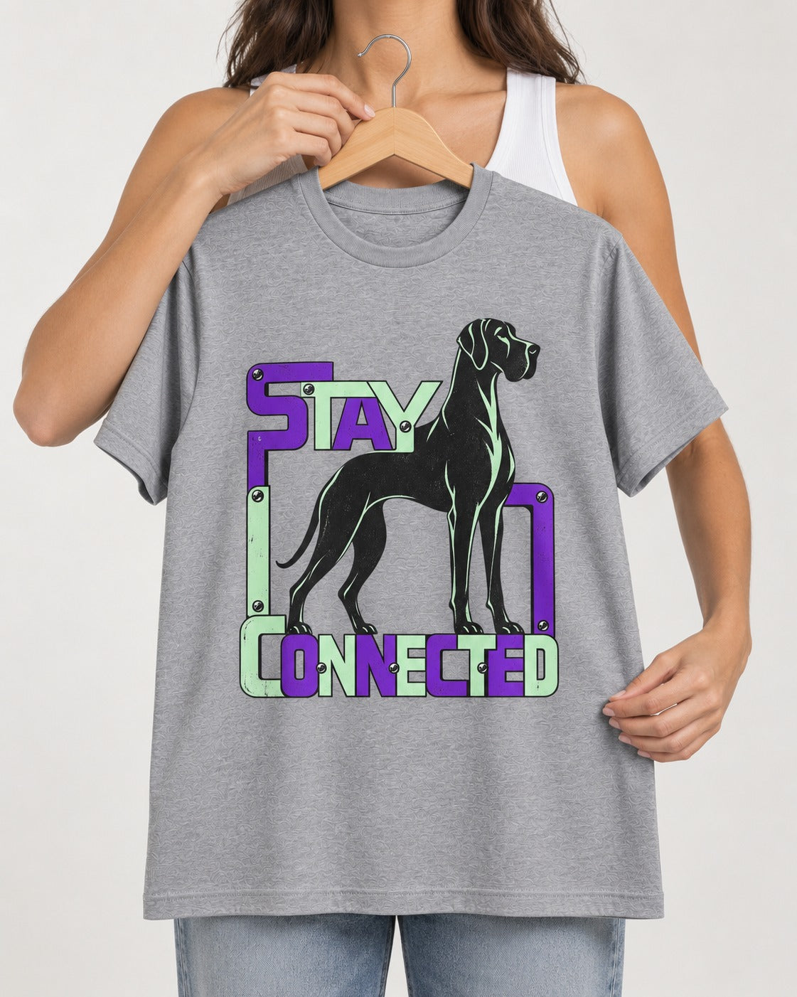 Great Dane Stay Connected Modular Frame Graphic T-Shirt in Sport Grey, held up on a hanger