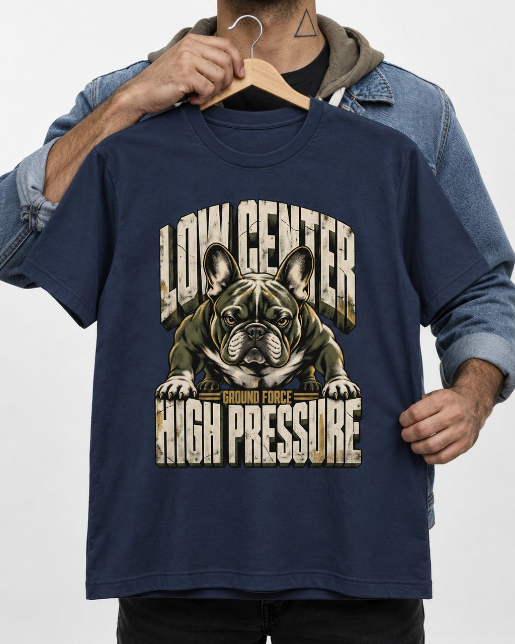 Frenchie Low Center High Pressure Graphic T-Shirt in Navy, held up on a hanger