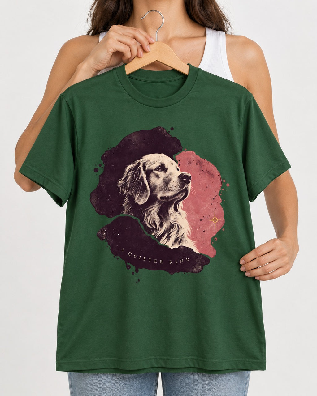 Golden Retriever A Quieter Kind Ink Wash Portrait Graphic T-Shirt in Forest Green, held up on a hanger