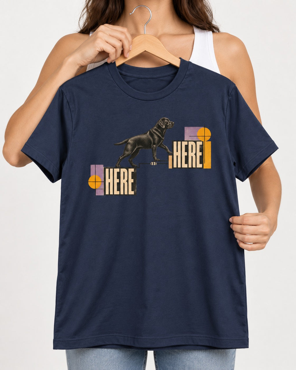 Here and Here Stepping Labrador Retriever Graphic T-Shirt in Navy, held up on a hanger