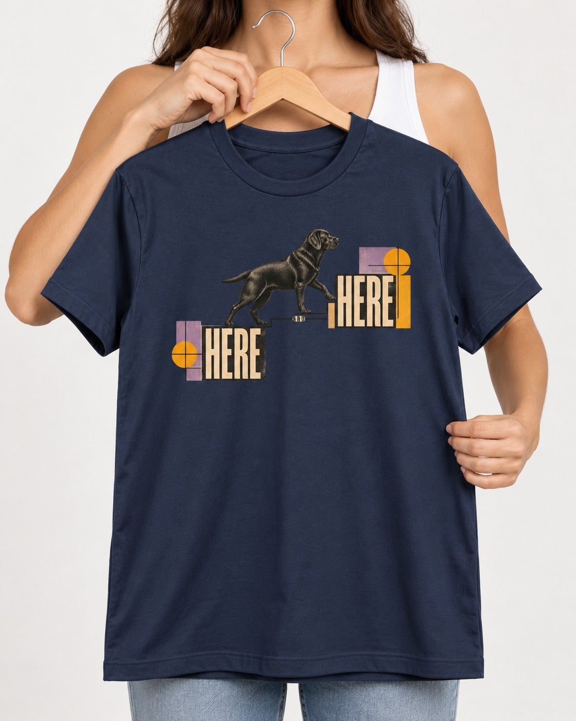 Here and Here Stepping Labrador Retriever Graphic T-Shirt in Navy, held up on a hanger