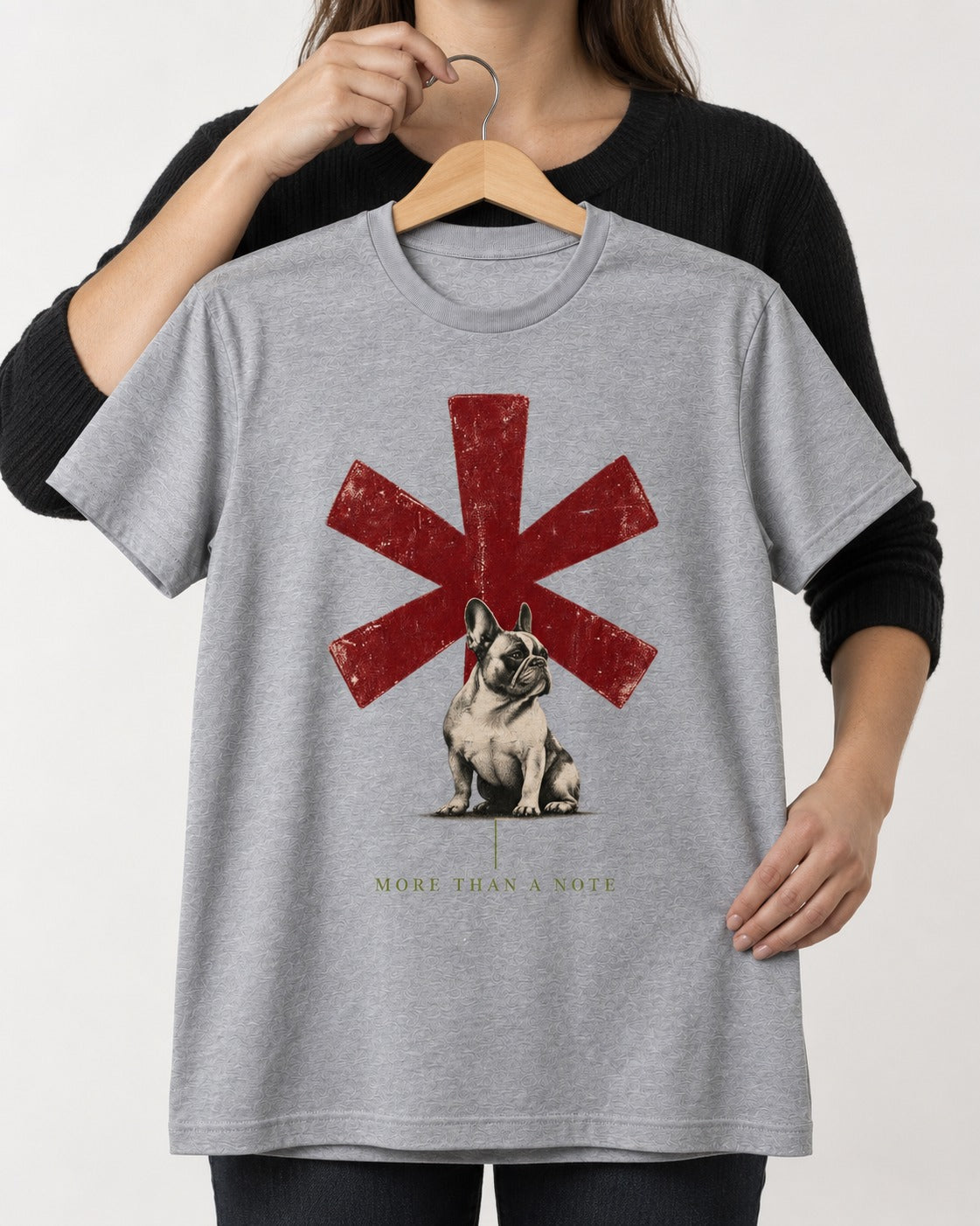 Frenchie More Than a Note T-Shirt in Sport Grey, held up on a hanger