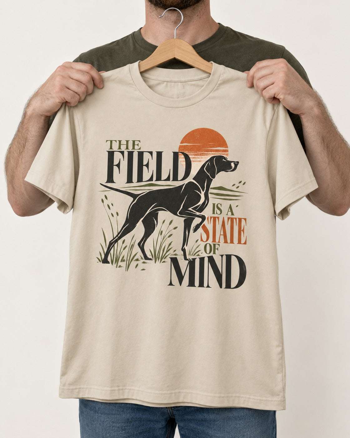 German Shorthaired Pointer Field State of Mind T-Shirt in Sand, held up on a hanger