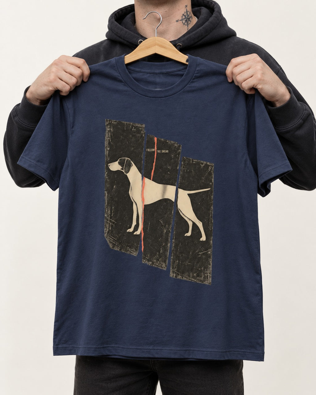 German Shorthaired Pointer Follow The Shear Split Panel Graphic T-Shirt in Navy, held up on a hanger