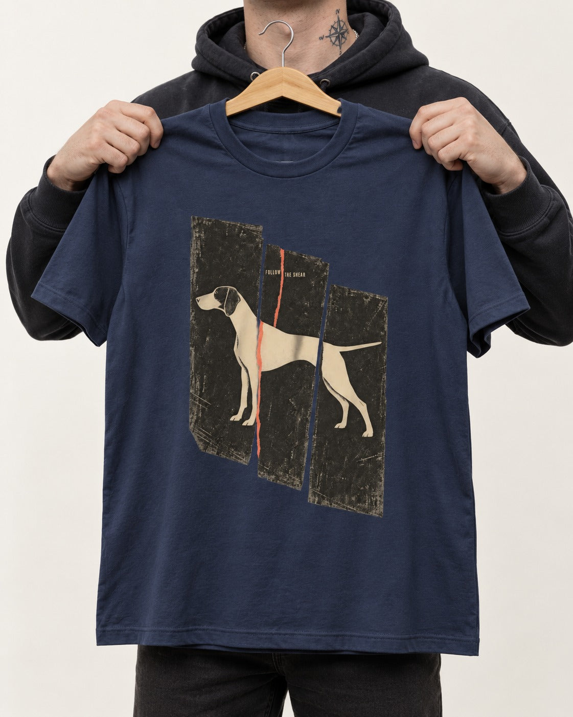 German Shorthaired Pointer Follow The Shear Split Panel Graphic T-Shirt in Navy, held up on a hanger