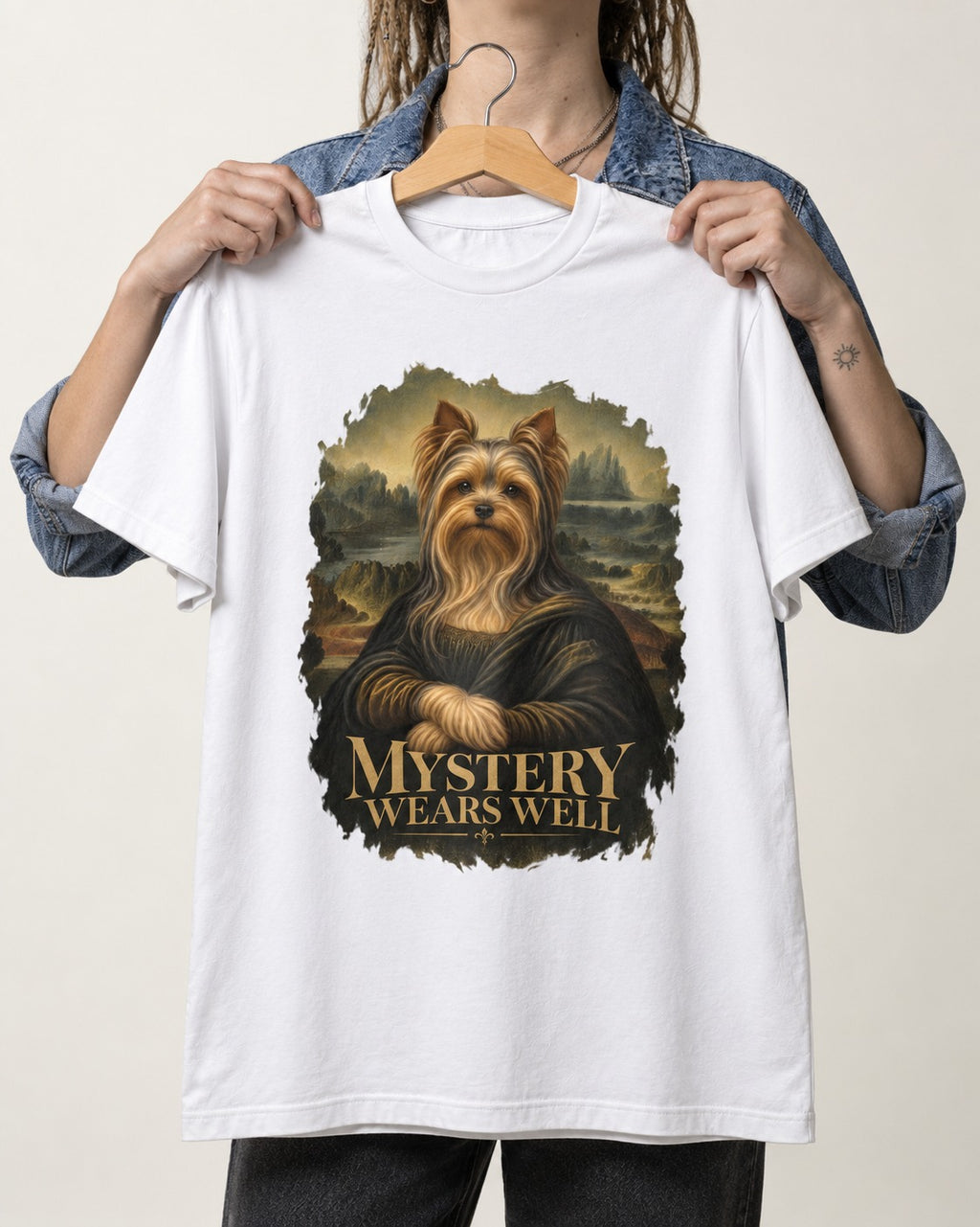 Yorkshire Terrier Mystery Wears Well Mona Lisa Portrait Graphic T-Shirt in White, held up on a hanger