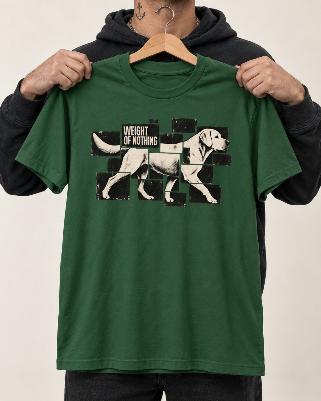 Labrador Retriever Weight of Nothing Fragmented Tile Graphic T-Shirt in Forest Green, held up on a hanger