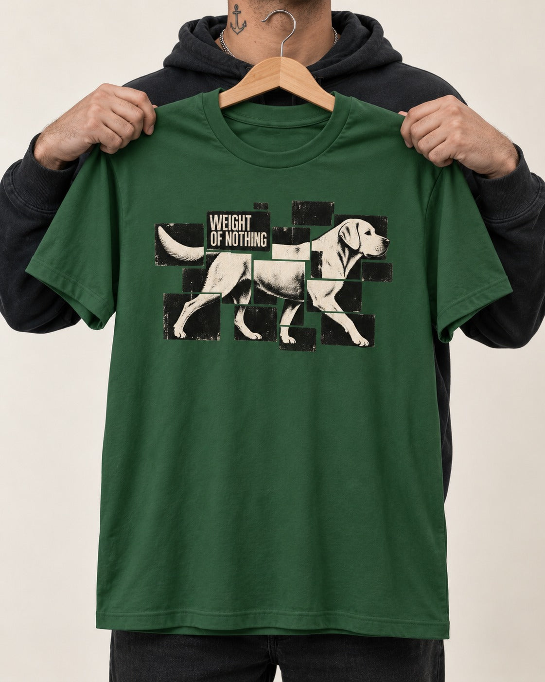 Labrador Retriever Weight of Nothing Fragmented Tile Graphic T-Shirt in Forest Green, held up on a hanger