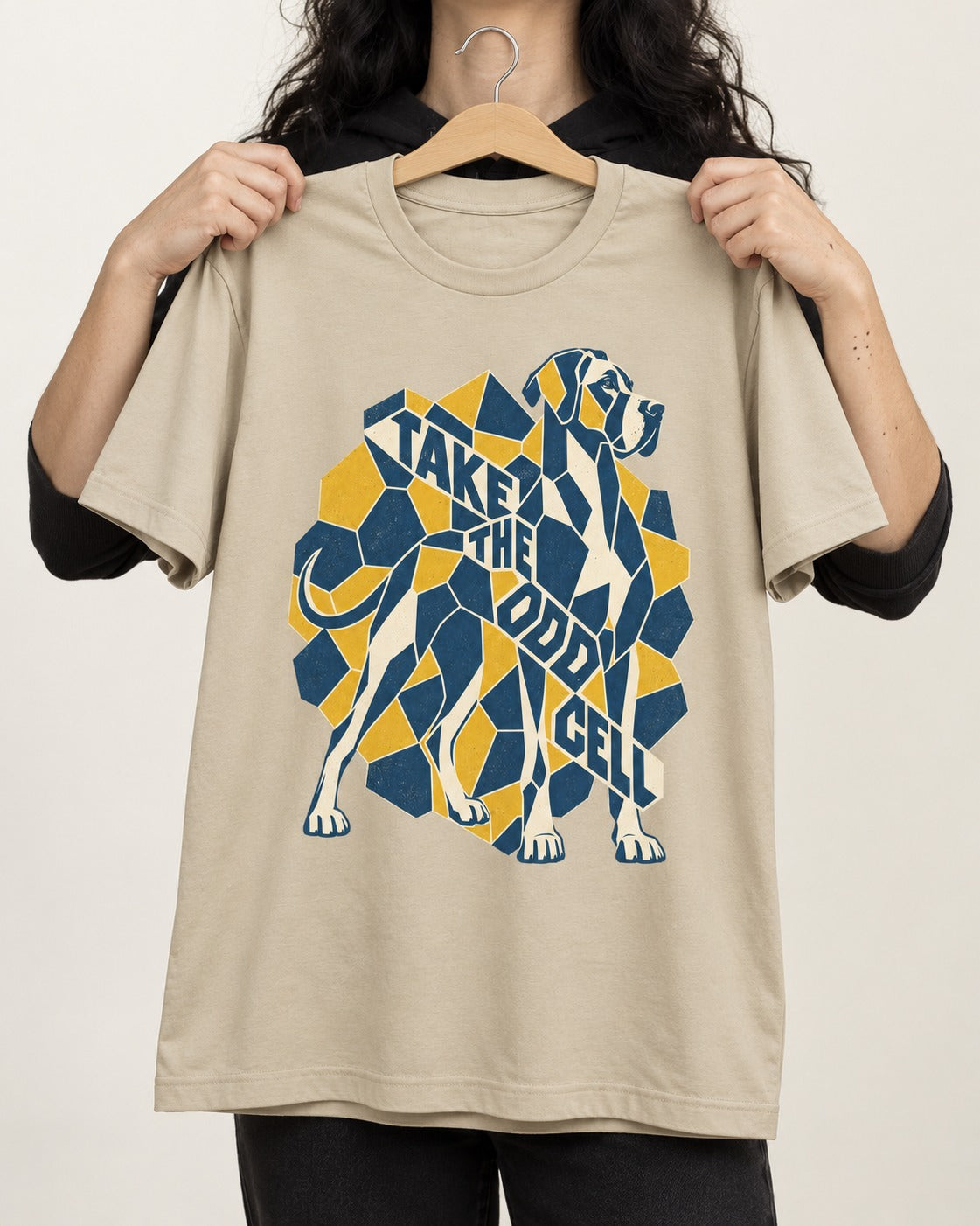 Take the Odd Cell Great Dane T-Shirt in Sand, held up on a hanger