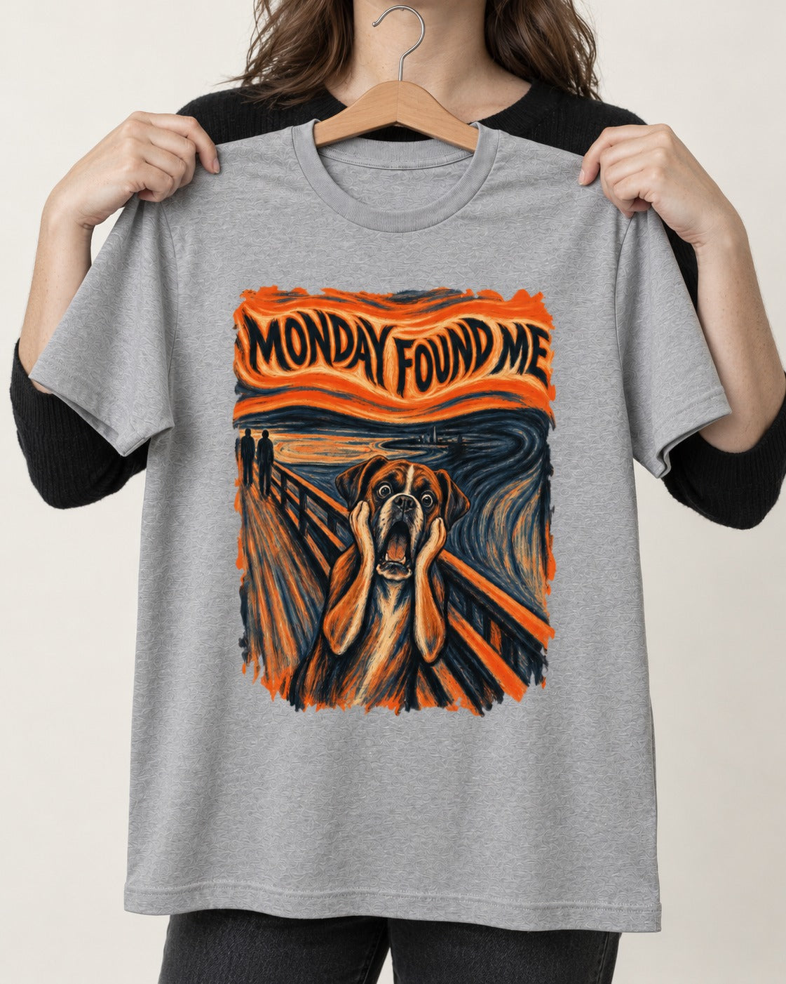 Monday Found Me Scream Boxer T-Shirt in Sport Grey, held up on a hanger