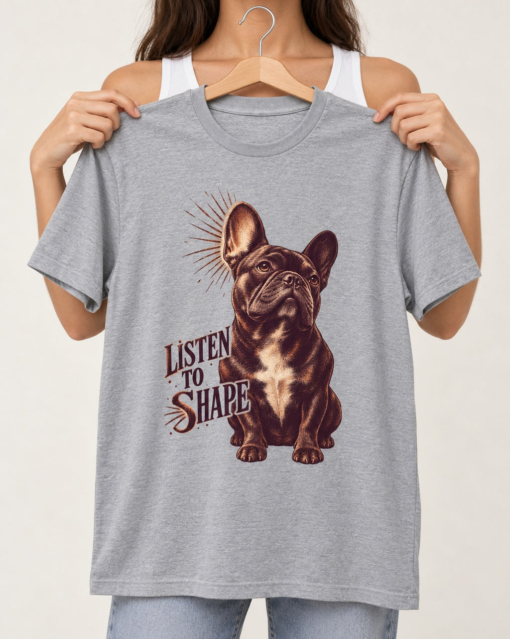 Listen to Shape Frenchie T-Shirt in Sport Grey, held up on a hanger