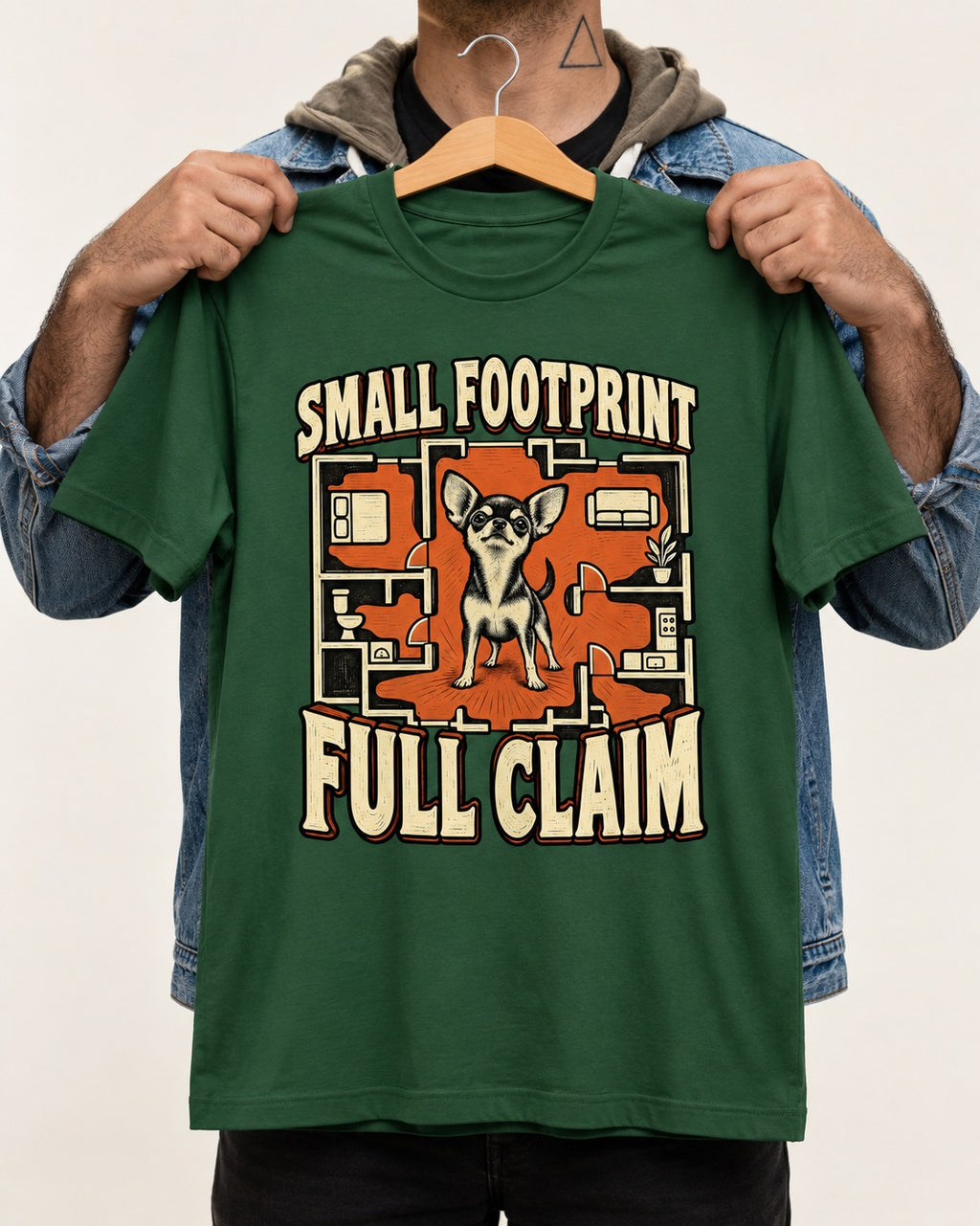 Chihuahua Small Footprint Full Claim Floor Plan Graphic T-Shirt in Forest Green, held up on a hanger