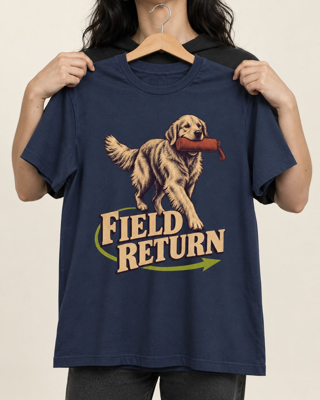 Golden Retriever Field Return Training Dummy Graphic T-Shirt in Navy, held up on a hanger
