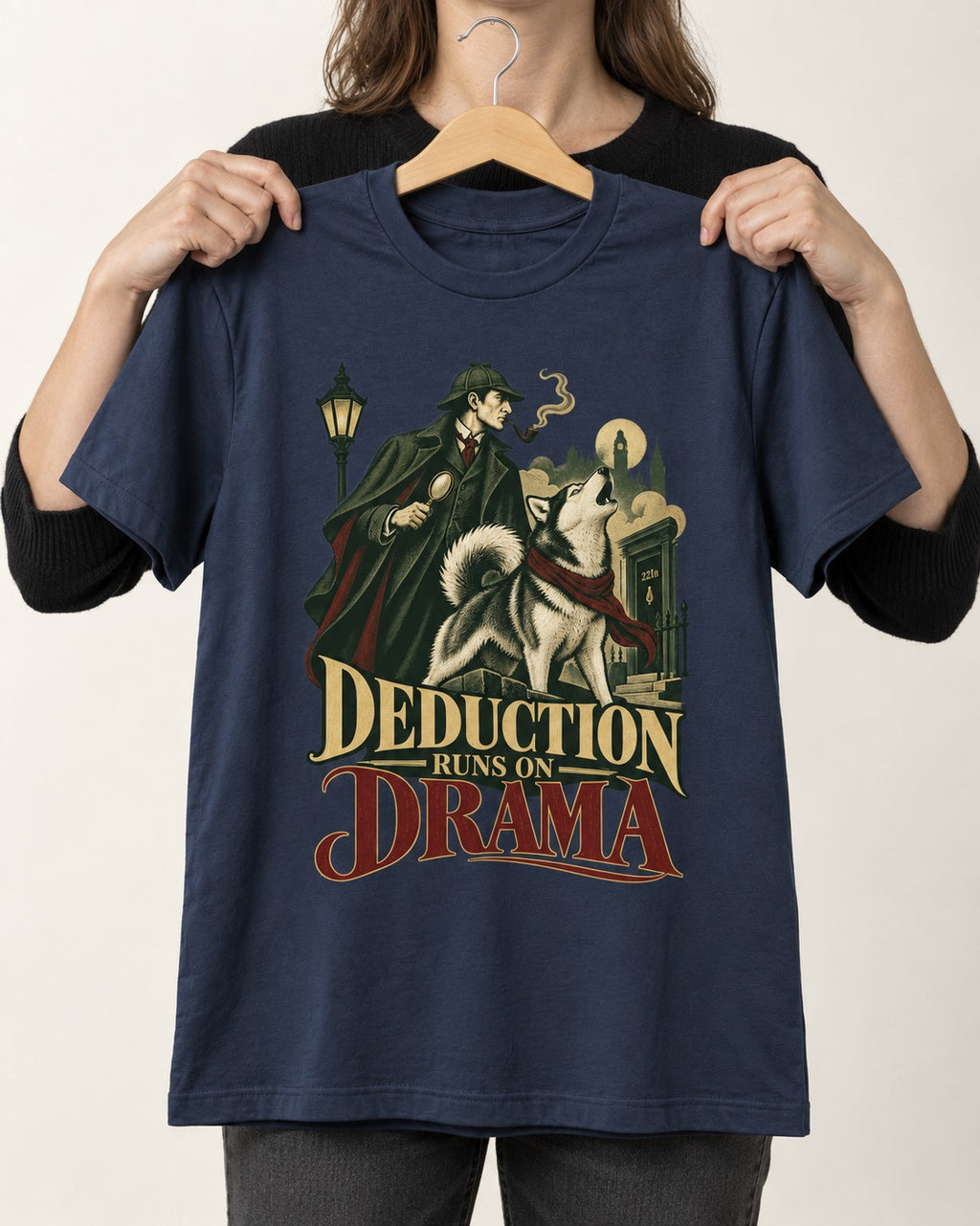 Husky Deduction Runs on Drama Detective Graphic T-Shirt in Navy, held up on a hanger