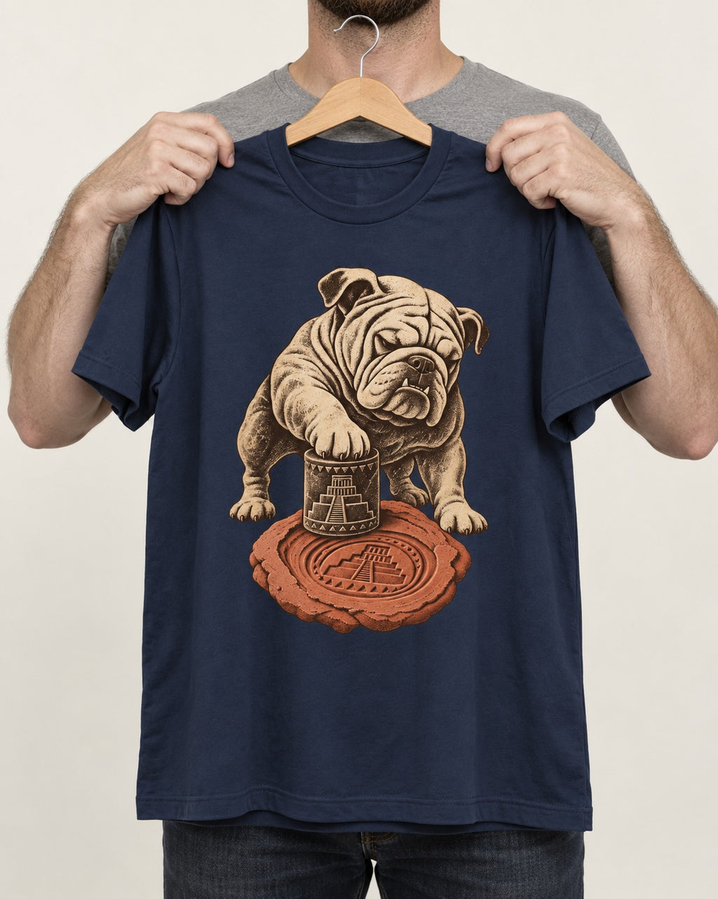 English Bulldog Ancient Cylinder Seal Graphic T-Shirt in Navy, held up on a hanger