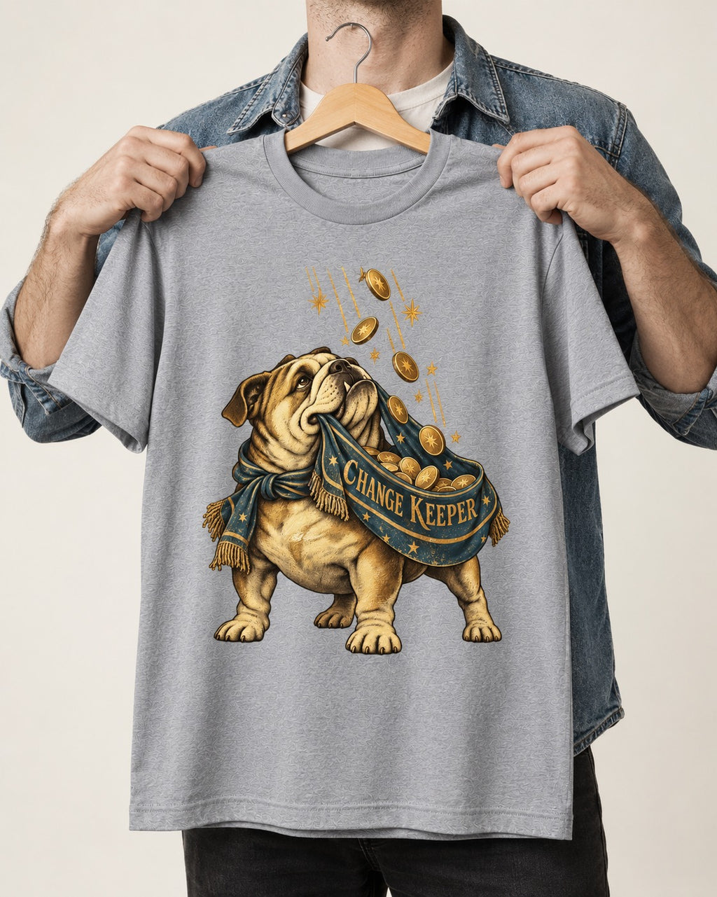 English Bulldog Change Keeper Coin Scarf Graphic T-Shirt in Sport Grey, held up on a hanger