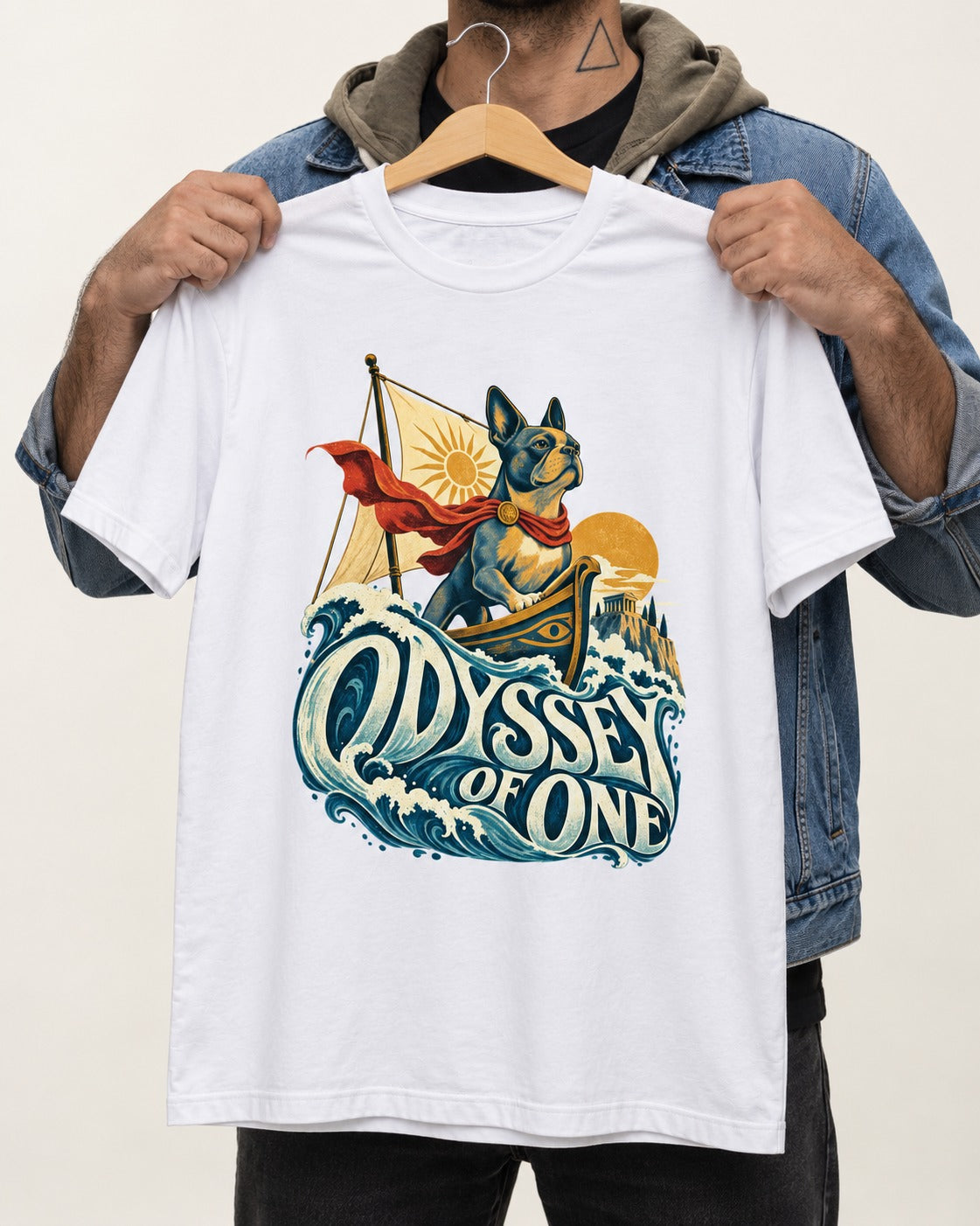 Boston Terrier Odyssey of One T-Shirt in White, held up on a hanger