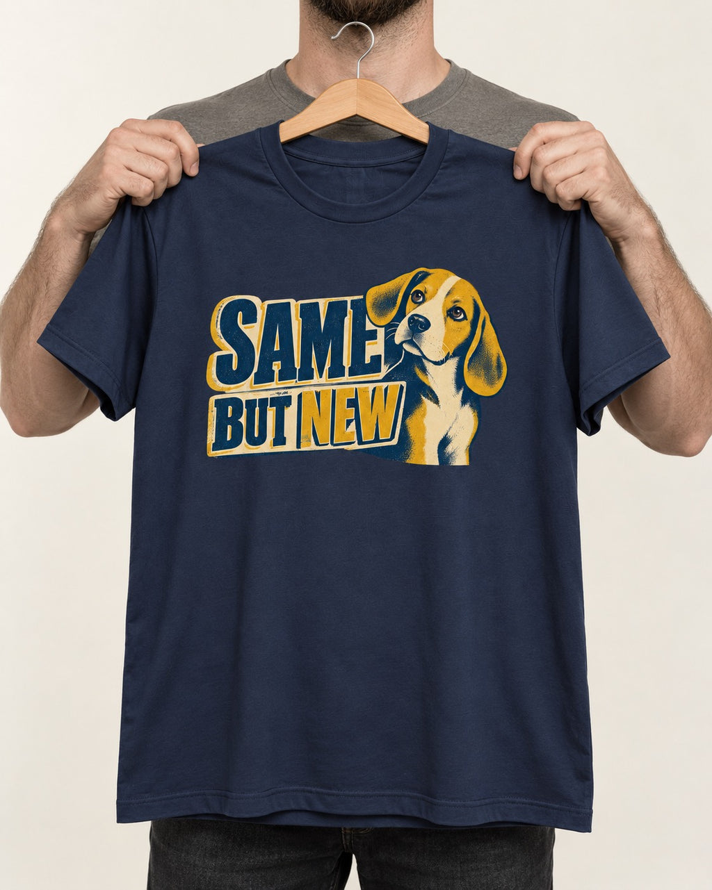 Same Beagle But New T-Shirt in Navy, held up on a hanger