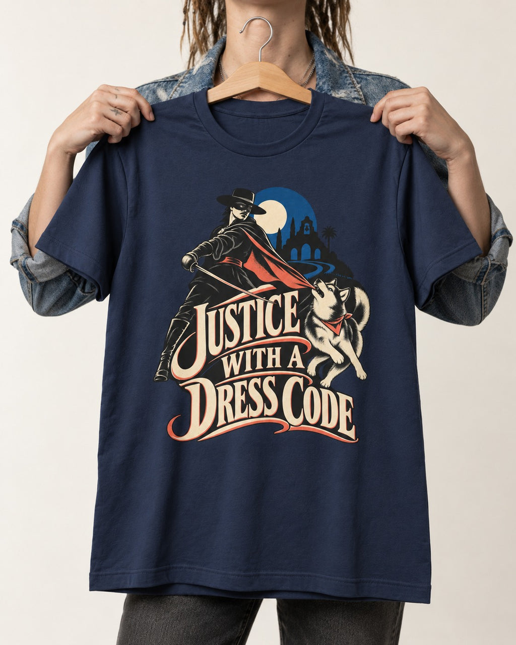 Husky Justice With A Dress Code Masked Swordsman Graphic T-Shirt in Navy, held up on a hanger