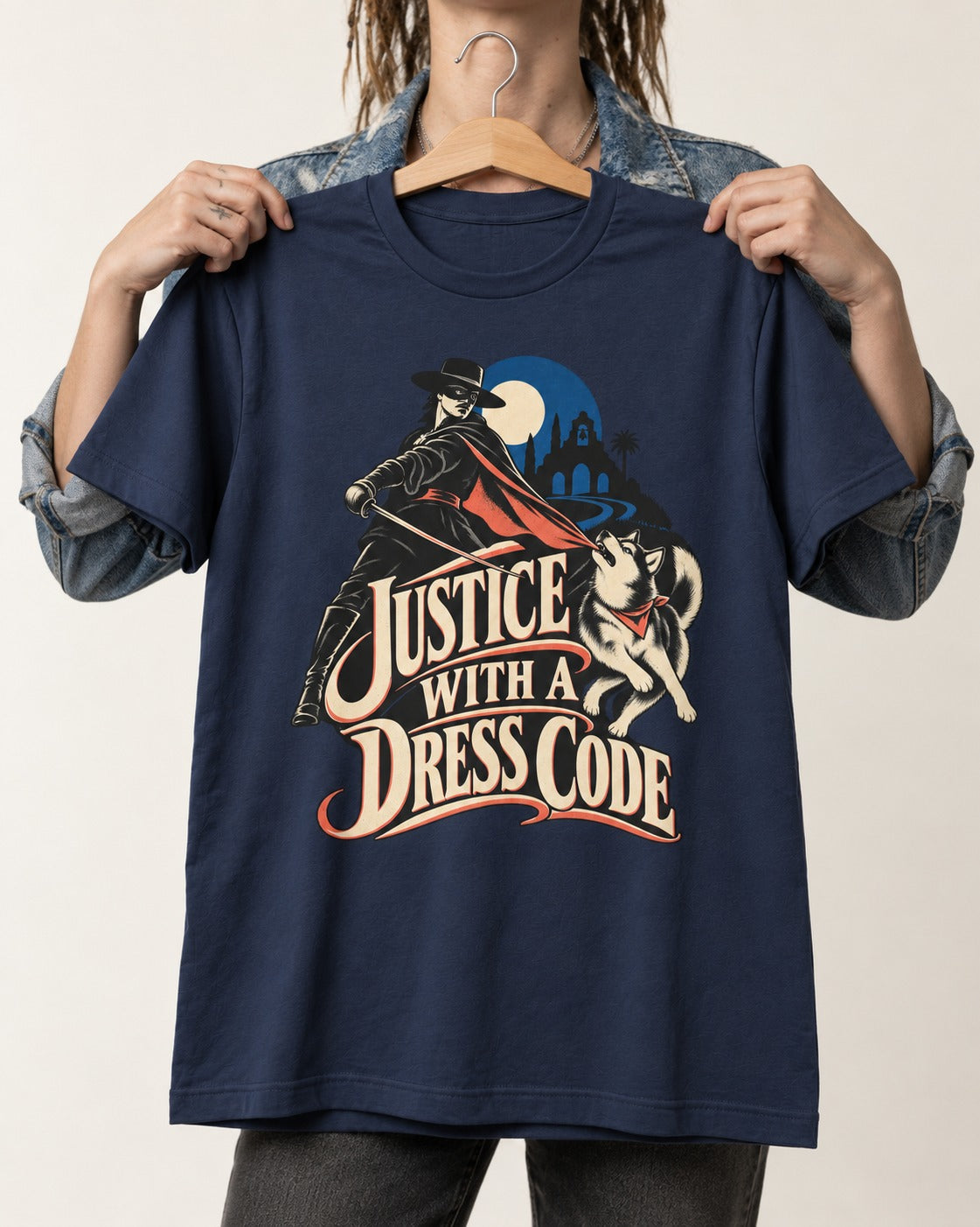 Husky Justice With A Dress Code Masked Swordsman Graphic T-Shirt in Navy, held up on a hanger
