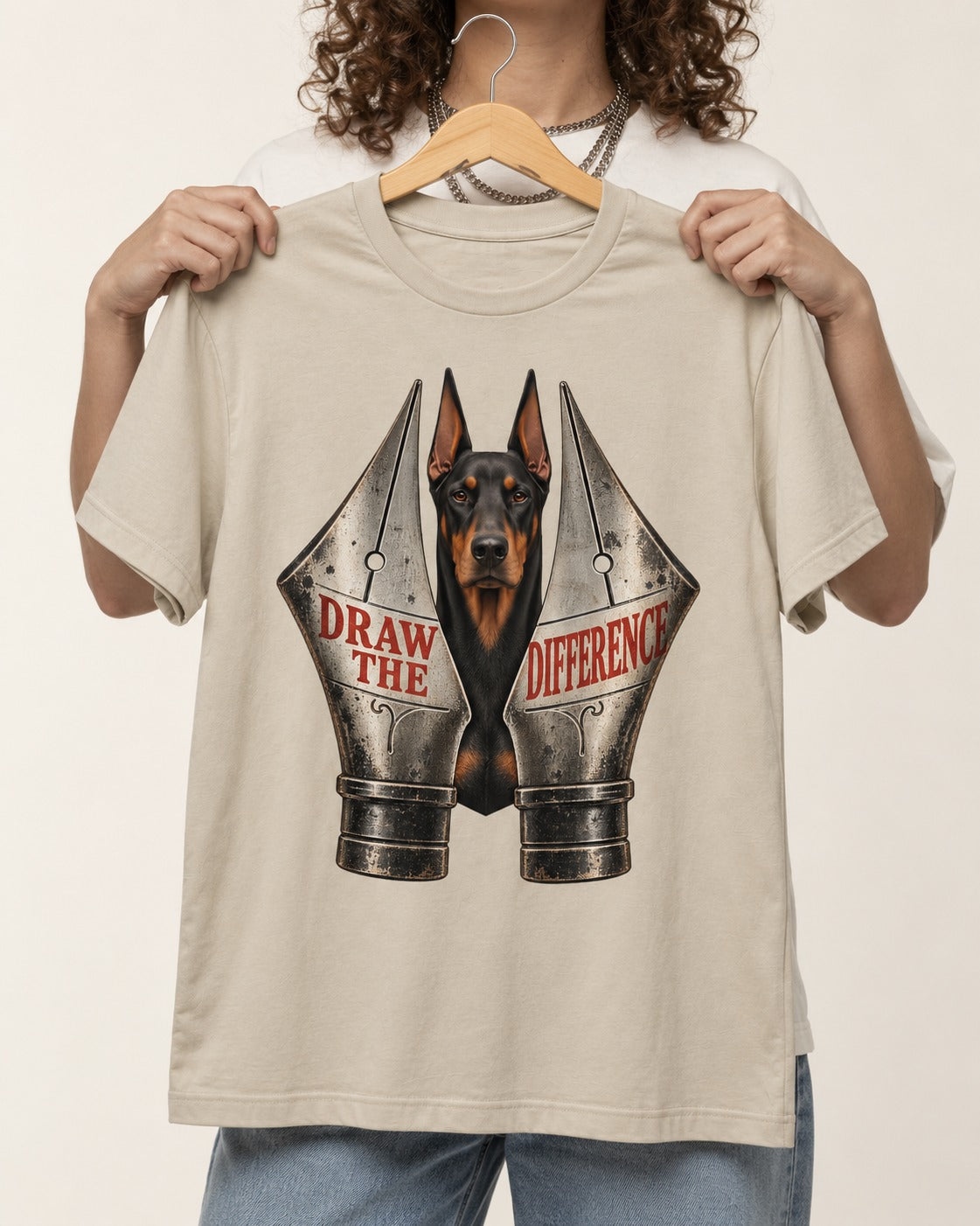Doberman Draw the Difference T-Shirt in Sand, held up on a hanger