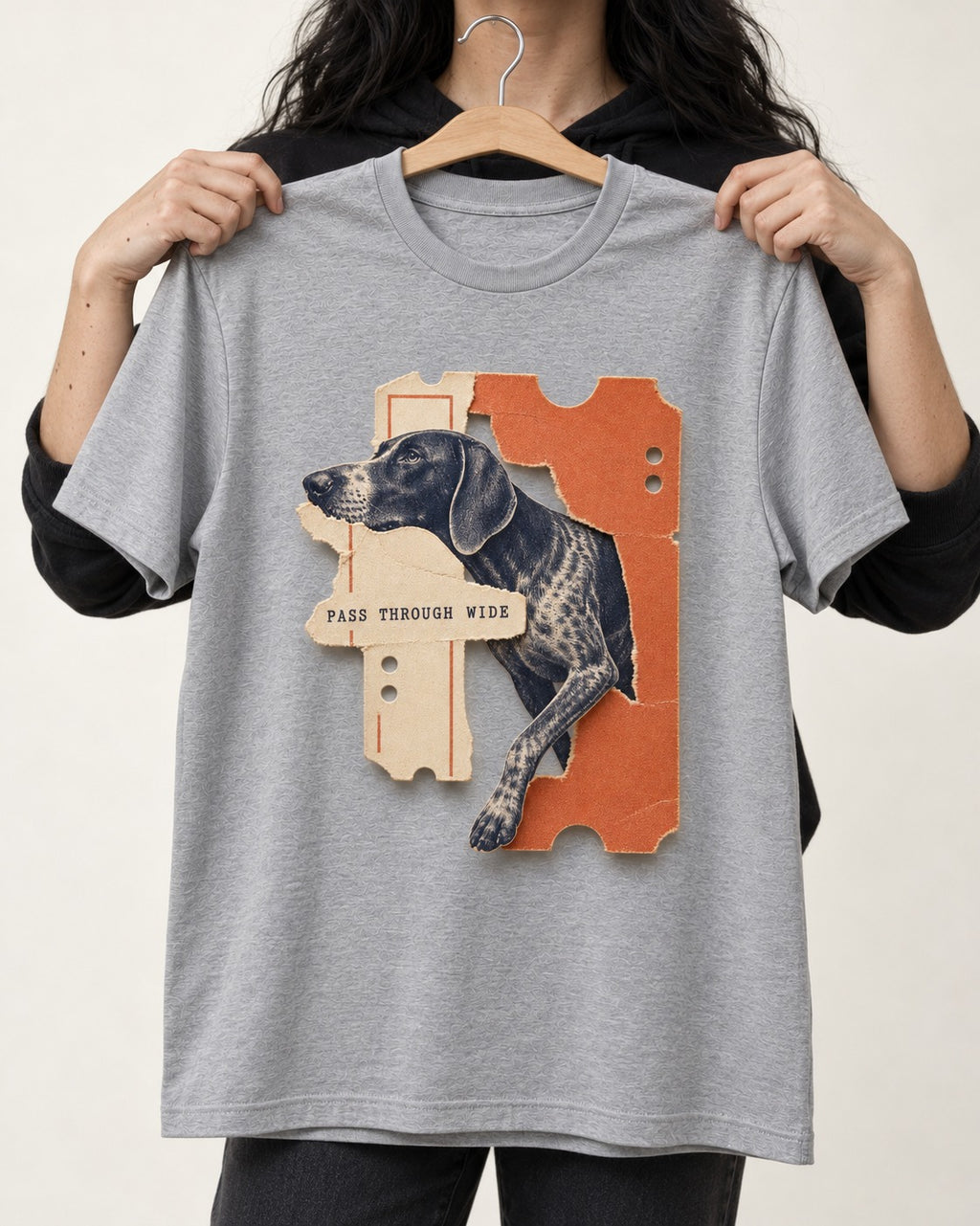 German Shorthaired Pointer Pass Through Wide Ticket Graphic T-Shirt in Sport Grey, held up on a hanger
