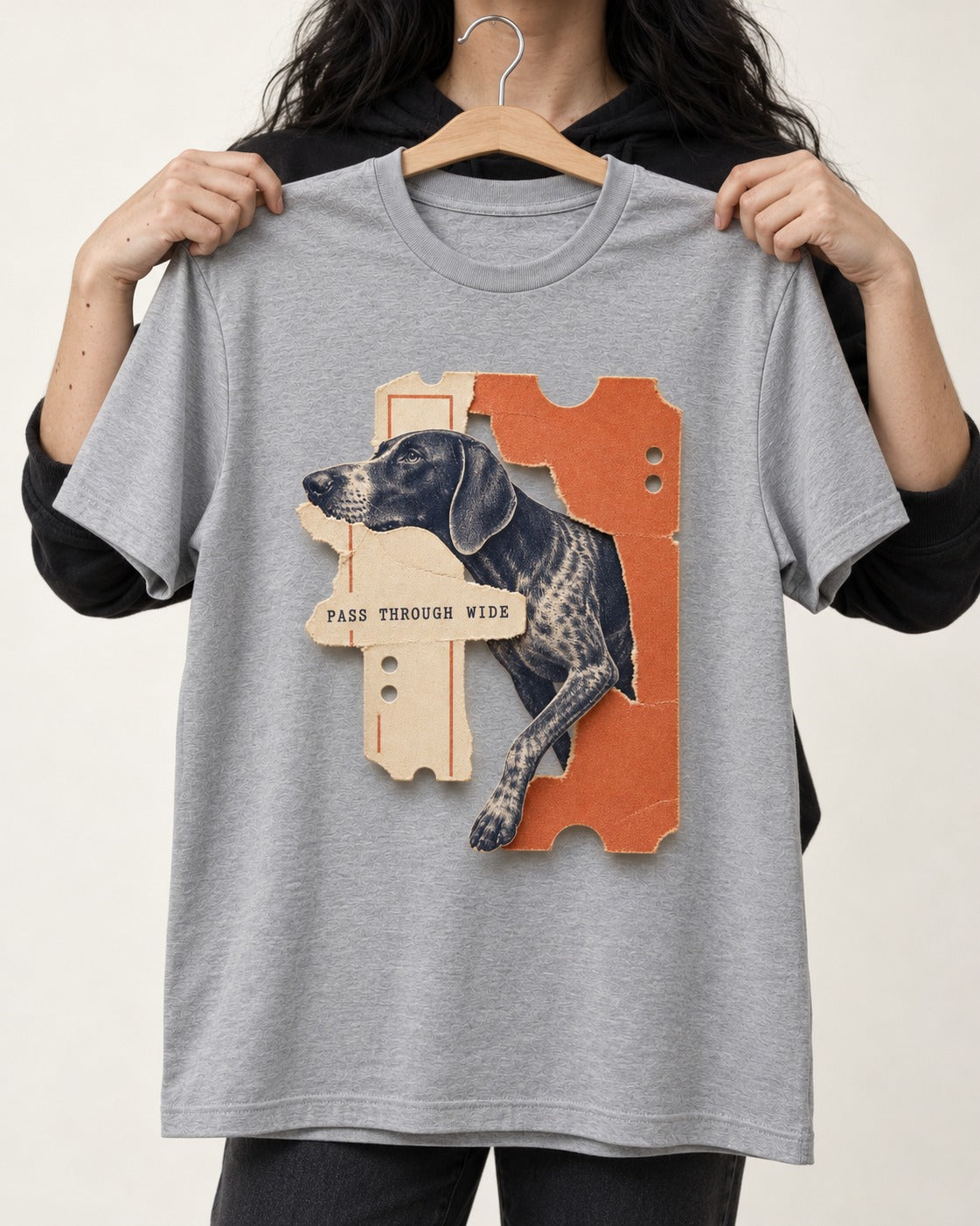 German Shorthaired Pointer Pass Through Wide Ticket Graphic T-Shirt in Sport Grey, held up on a hanger