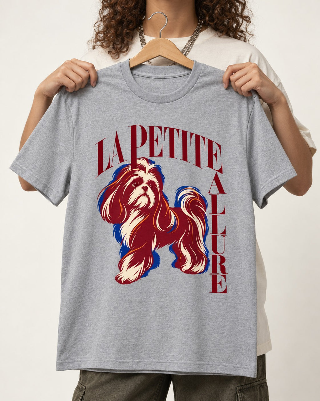 La Petite Allure Shih Tzu T-Shirt in Sport Grey, held up on a hanger