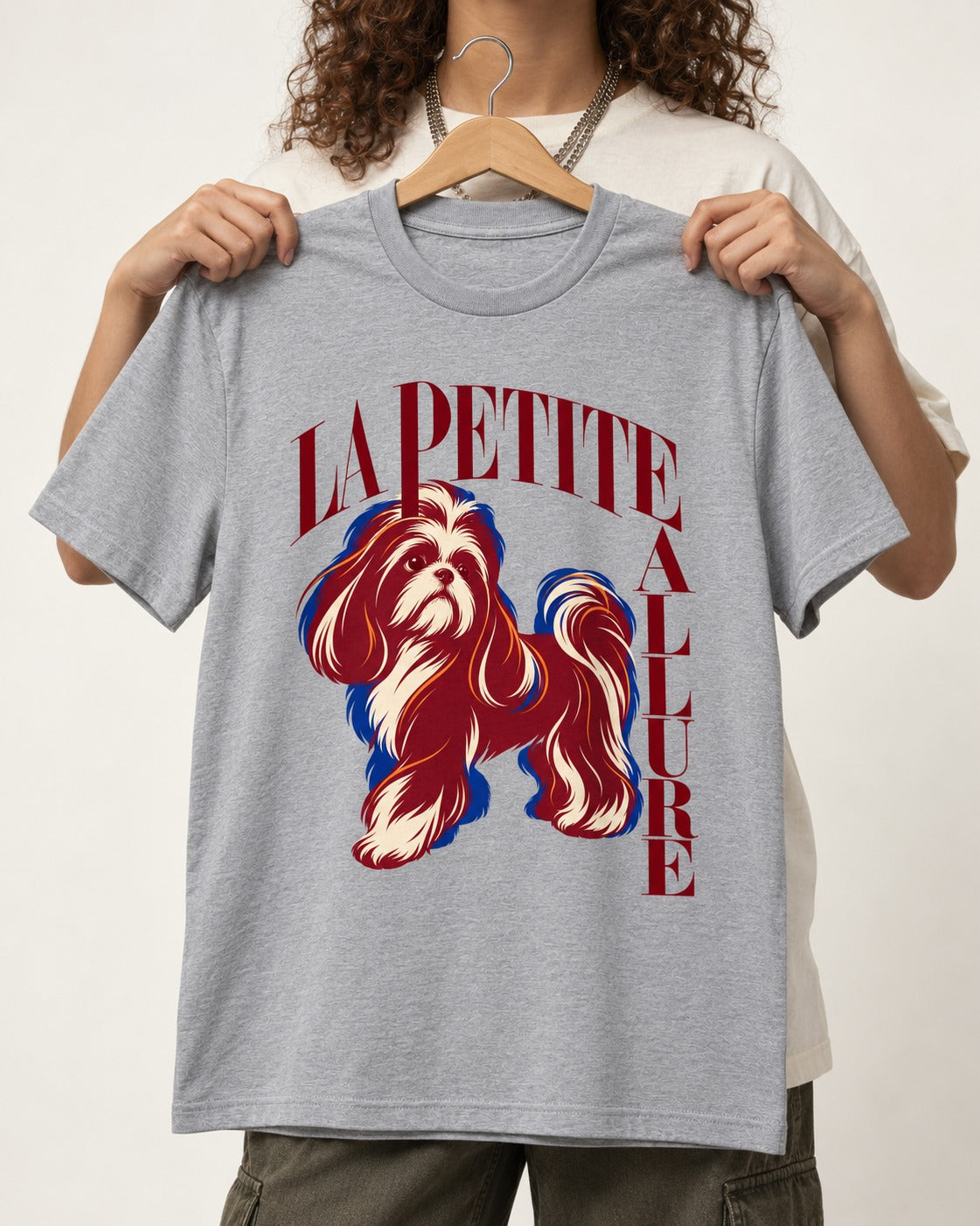 La Petite Allure Shih Tzu T-Shirt in Sport Grey, held up on a hanger