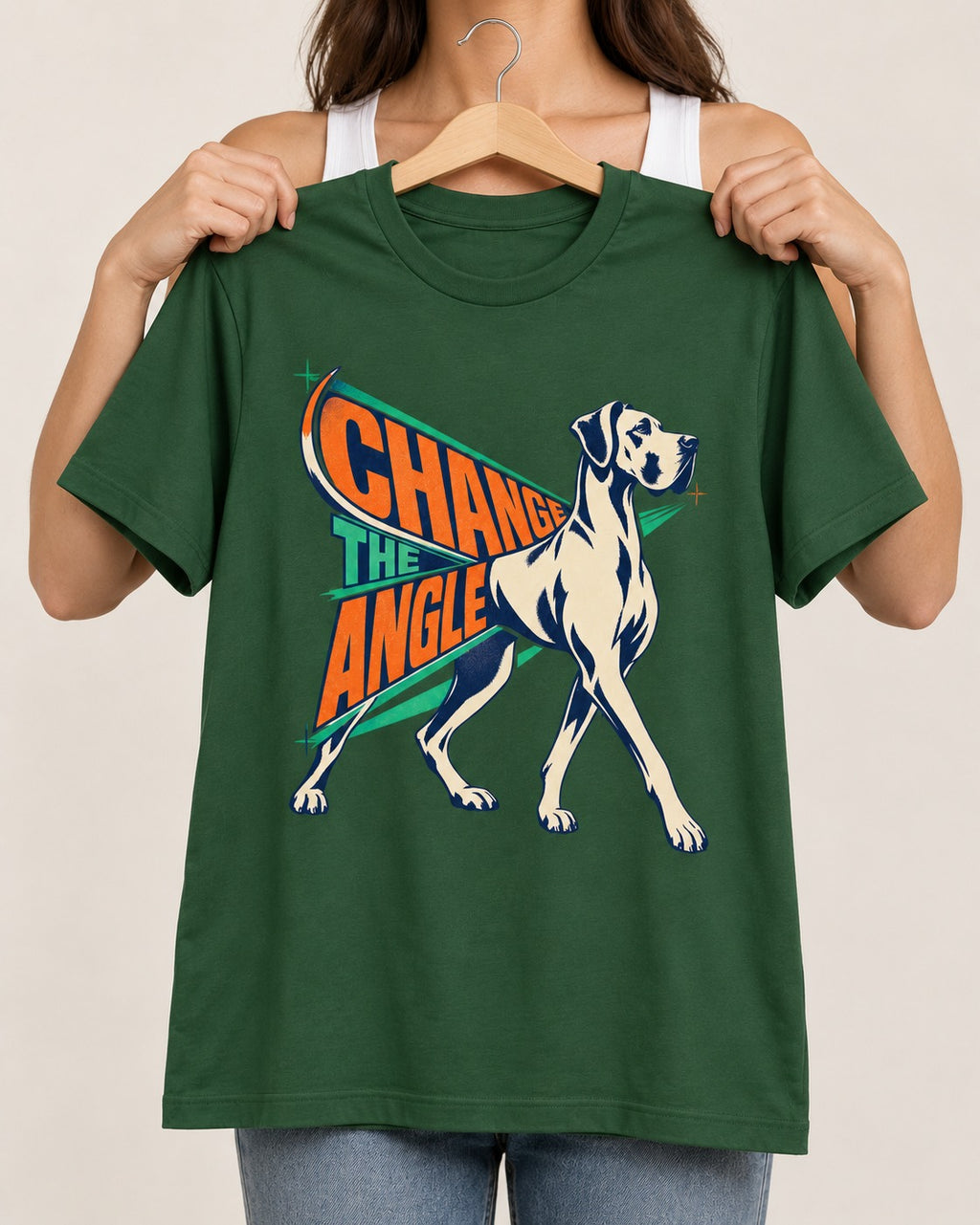 Great Dane Change the Angle Walking Graphic T-Shirt in Forest Green, held up on a hanger