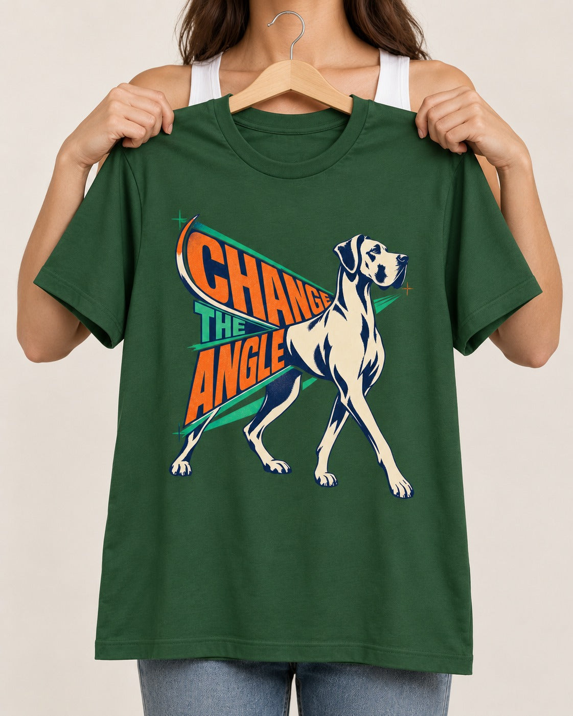 Great Dane Change the Angle Walking Graphic T-Shirt in Forest Green, held up on a hanger