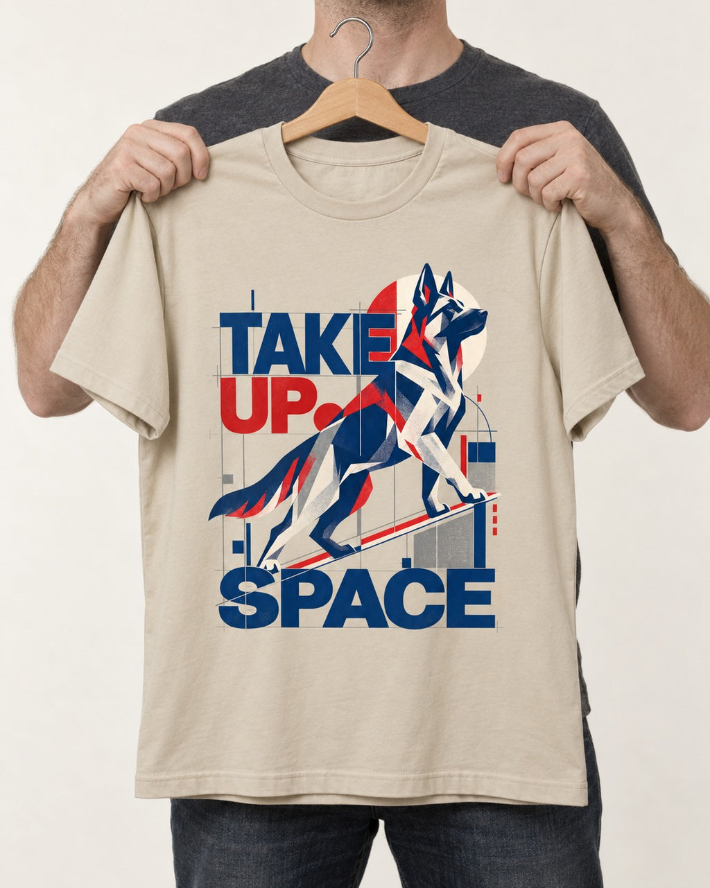 Take Up Space German Shepherd Dog T-Shirt in Sand, held up on a hanger