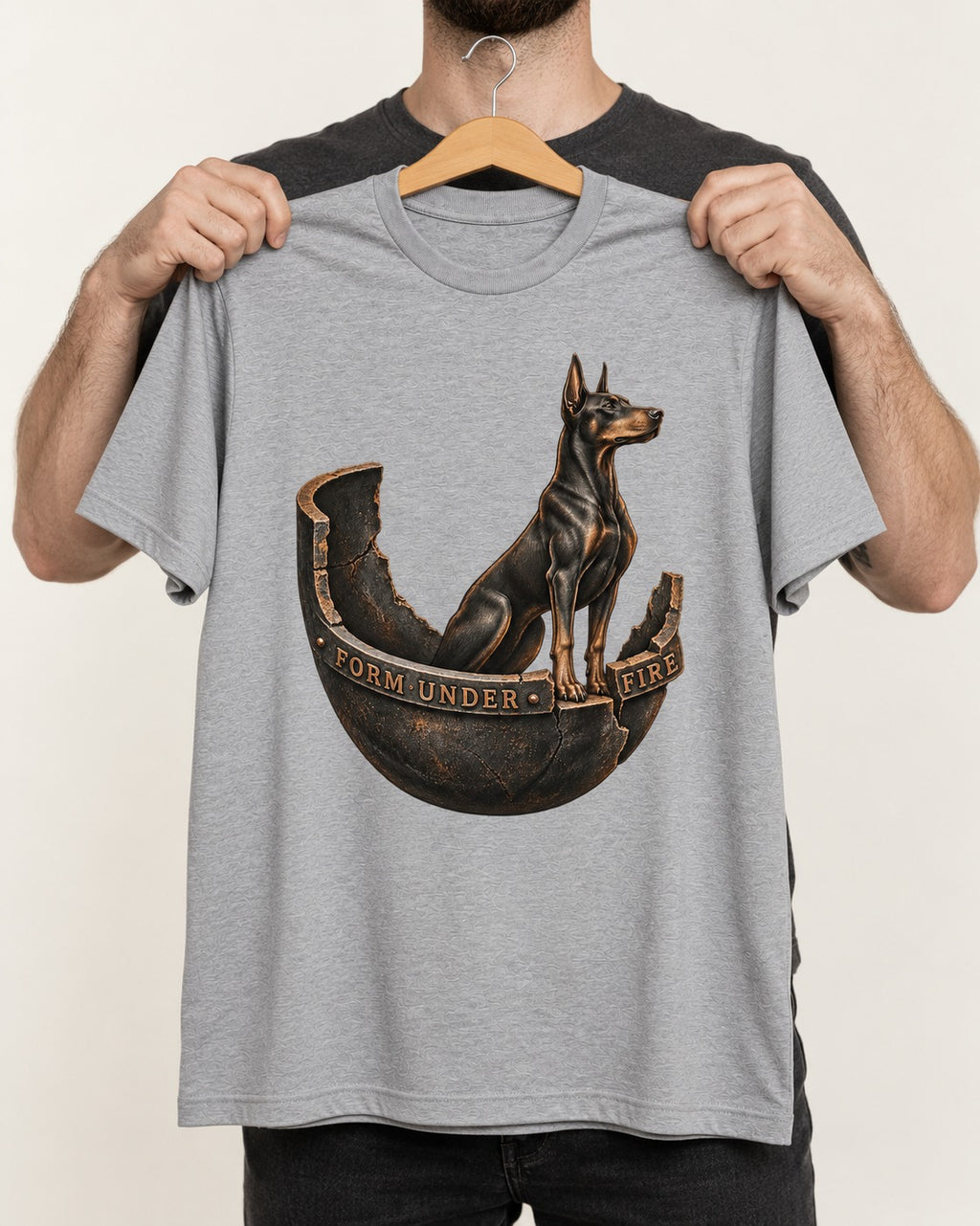 Doberman Form Under Fire Broken Shell Graphic T-Shirt in Sport Grey, held up on a hanger