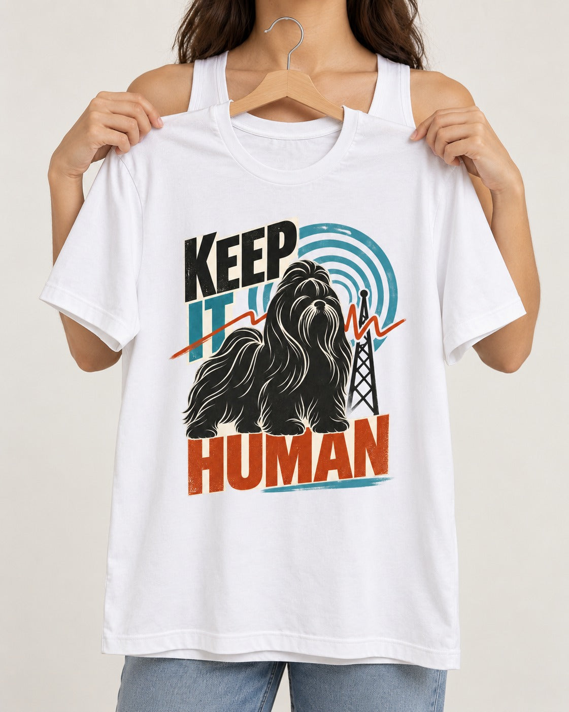 Shih Tzu Keep It Human Radio Signal Graphic T-Shirt in White, held up on a hanger