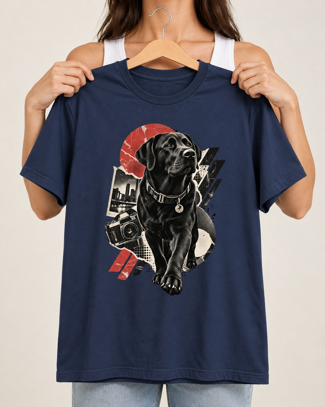 Labrador Retriever Camera City Halftone Collage Graphic T-Shirt in Navy, held up on a hanger