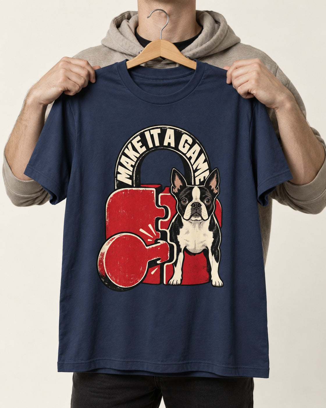 Boston Terrier Make It a Game T-Shirt in Navy, held up on a hanger