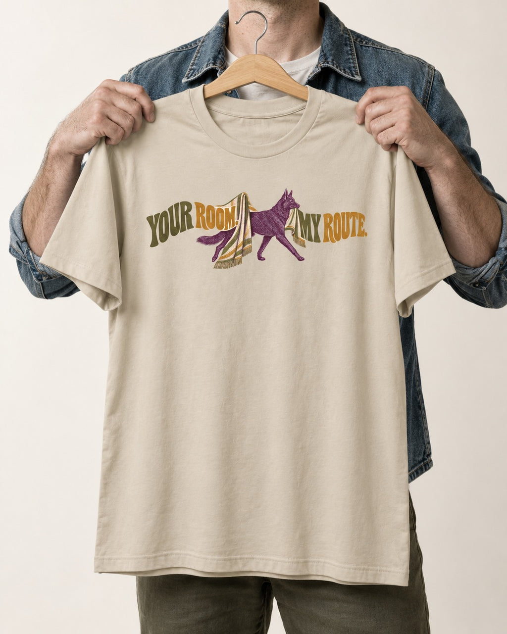 Your Room My Route German Shepherd Dog T-Shirt in Sand, held up on a hanger