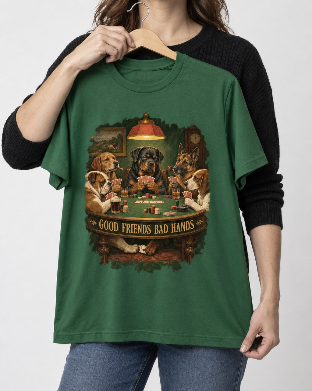 Rottweiler Good Friends Bad Hands Poker Night Graphic T-Shirt in Forest Green, held up on a hanger
